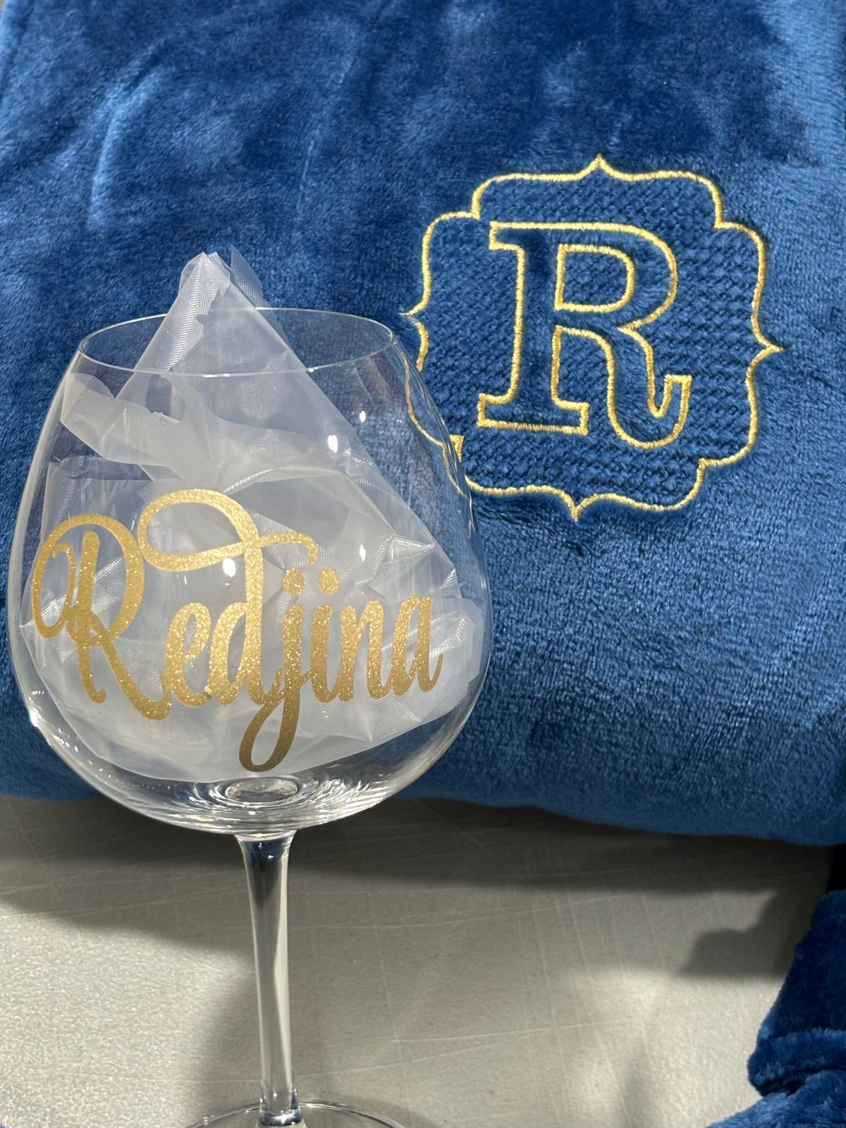 Plush fleece navy blue bathrobe with custom embroidery initial  and personalized name wine glass.