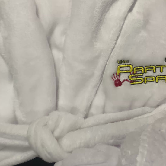 Plush fleece white bathrobe with custom embroidery logo.