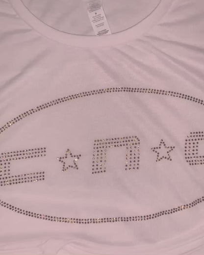 Video of custom rhinestone design  on white t shirt