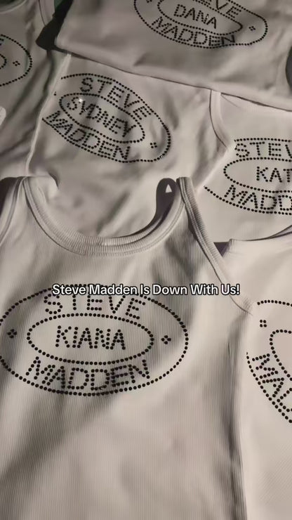 Rhinestone design on Steve Madden womens white tank tops