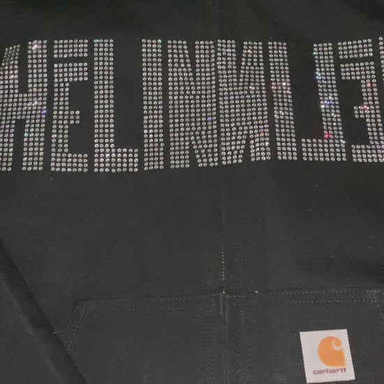 Video of custom rhinestones design with clear crystals on men's Carhartt  jacket