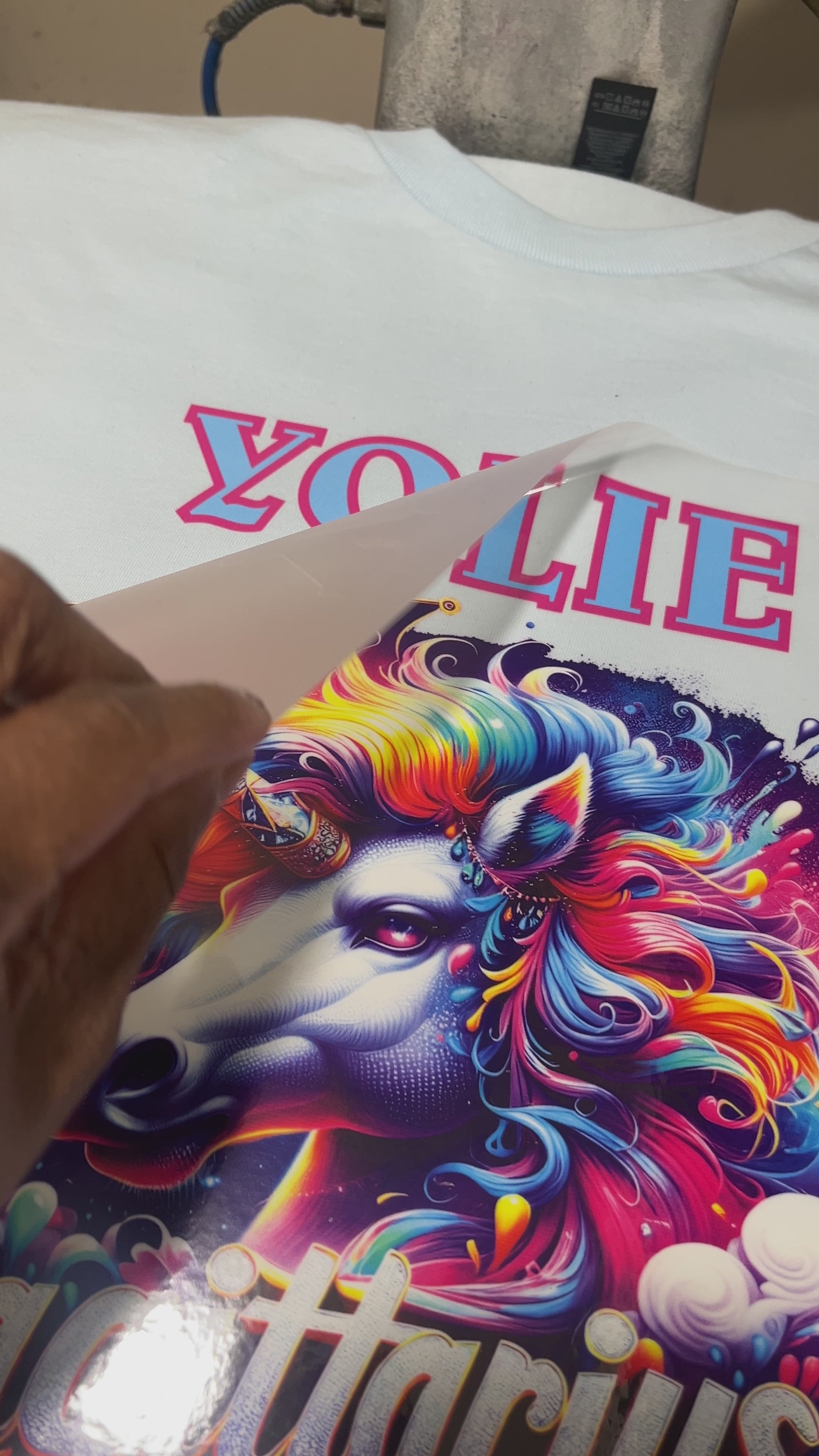 DTF video peeling transfer sheet from print showing our vibrant colors